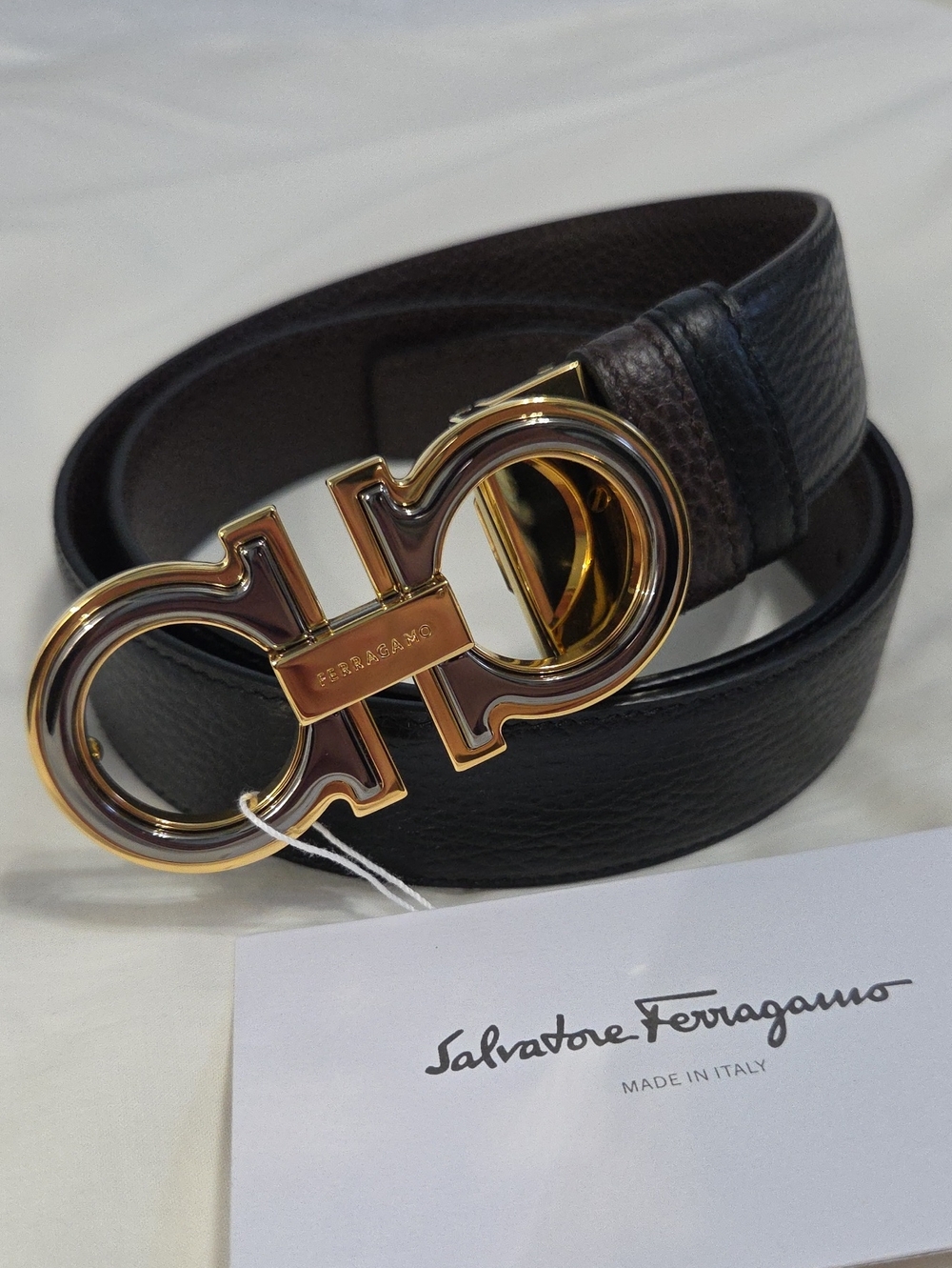 Salvatore Ferragamo Black Brown Belt Gold Double-Gancini Buckle